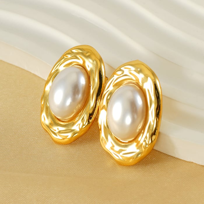 1 Pair Simple Series Casual Oval Stainless Steel  Gold Color Imitation Pearl Women's Stud Earrings 